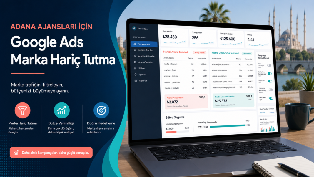Adana için yönetilen Google Ads hesabında marka sorguları, marka dışı sorgular ve bütçe payını gösteren optimizasyon panosu