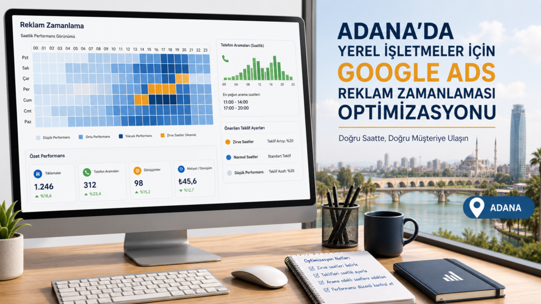 Adana için hazırlanan Google Ads kampanyasında saatlik performans blokları, teklif notları ve çağrı yoğunluğunu gösteren planlama panosu