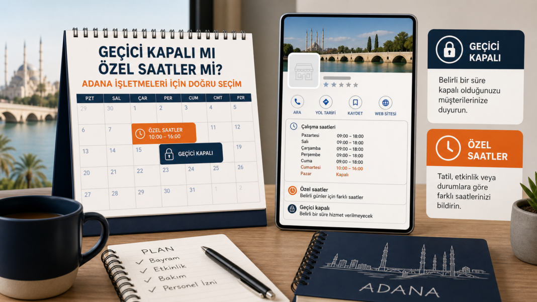 Adana için yönetilen Google İşletme Profilinde geçici kapanış, özel saatler ve yeniden açılış takvimini gösteren yerel SEO panosu
