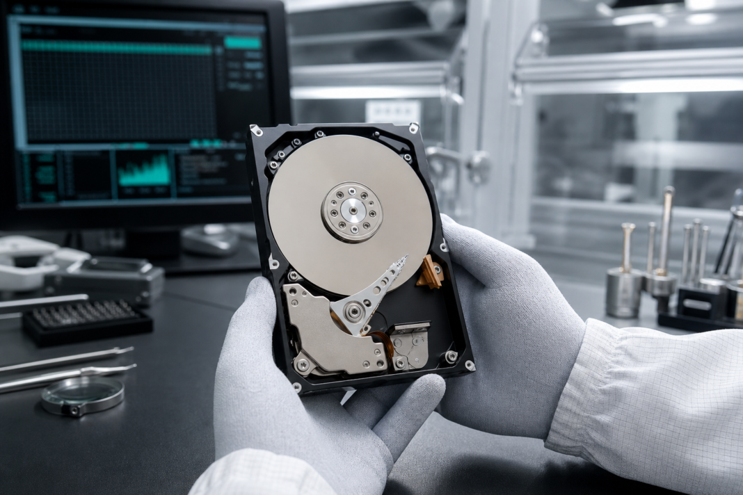 Antistatik eldivenli teknisyenin veri kurtarma laboratuvarında HDD incelemesi
