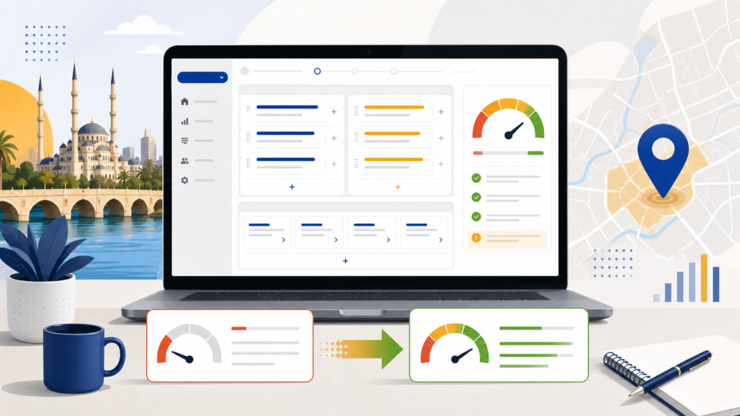 Adana için yönetilen bir Google Ads hesabında düşükten iyiye giden responsive search ads reklam gücü göstergesi ve reklam varlıkları panosu