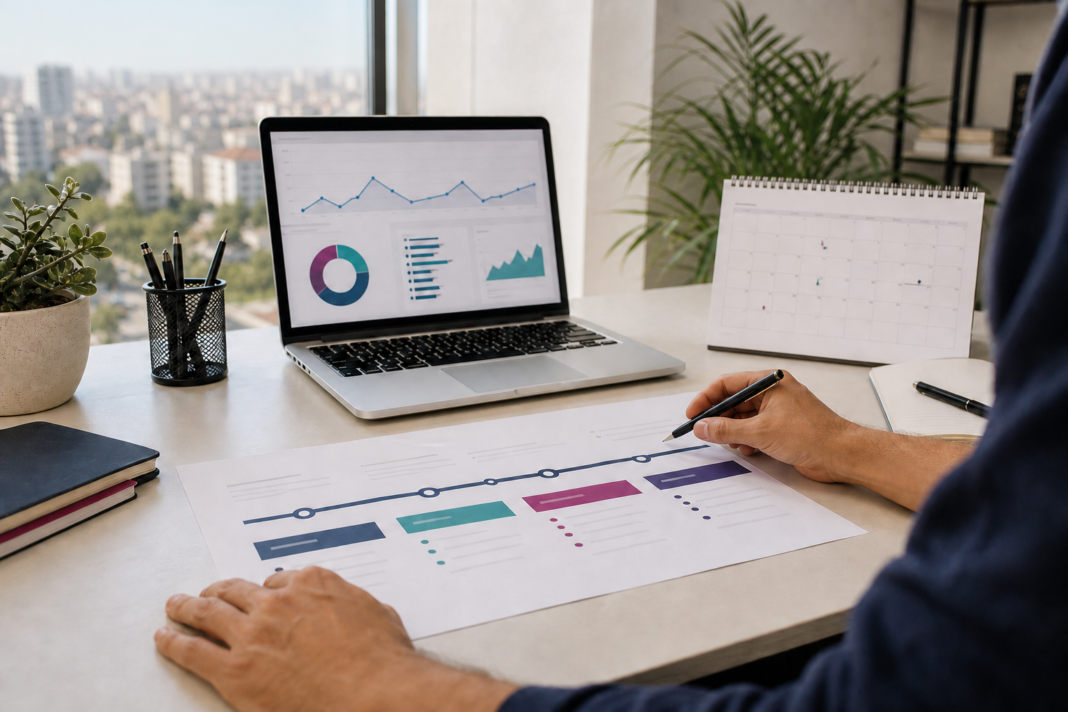 Adana SEO çalışmasının zaman çizelgesini dizüstü bilgisayar ve planlama belgesi üzerinden inceleyen SEO uzmanı