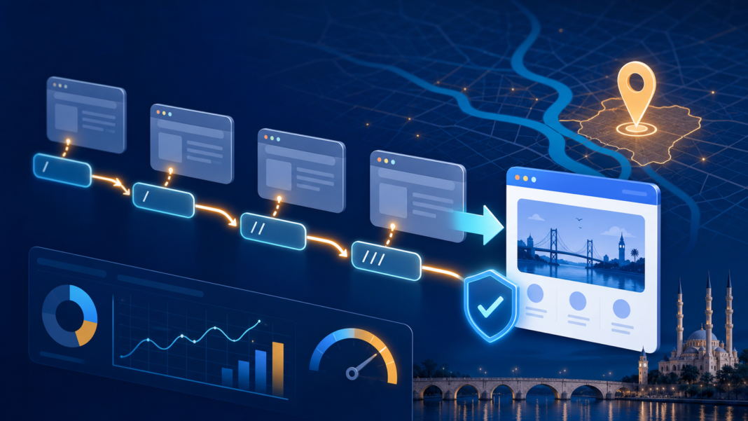 Adana için optimize edilen bir hizmet sitesinde eski URLden yeni URLye giden yönlendirme adımlarını ve zincir temizliğini gösteren kapak görseli