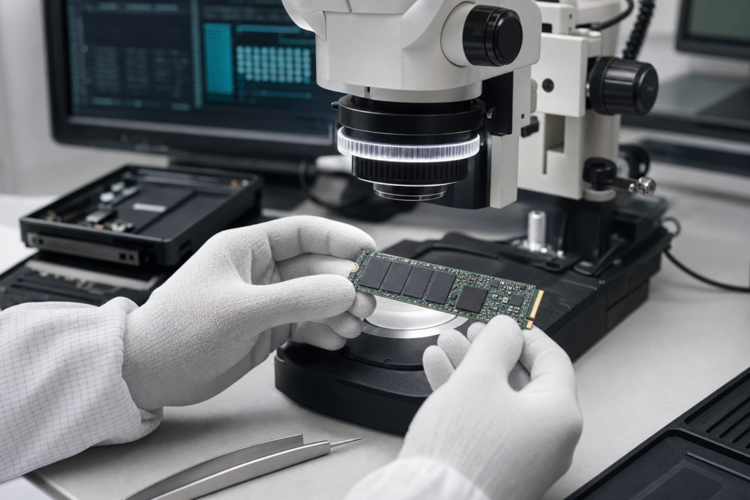 Veri kurtarma laboratuvarında mikroskop altında incelenen M.2 NVMe SSD
