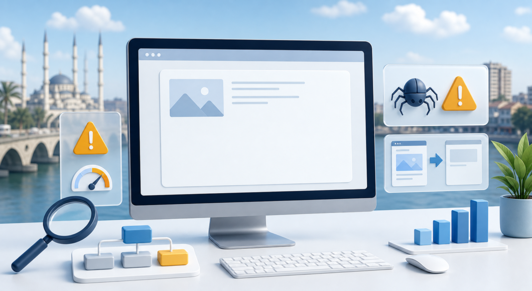 Adana odaklı bir web sitesinde Search Console soft 404 uyarısını, boş içerik sinyallerini ve sayfa kalite kontrolünü gösteren kapak görseli